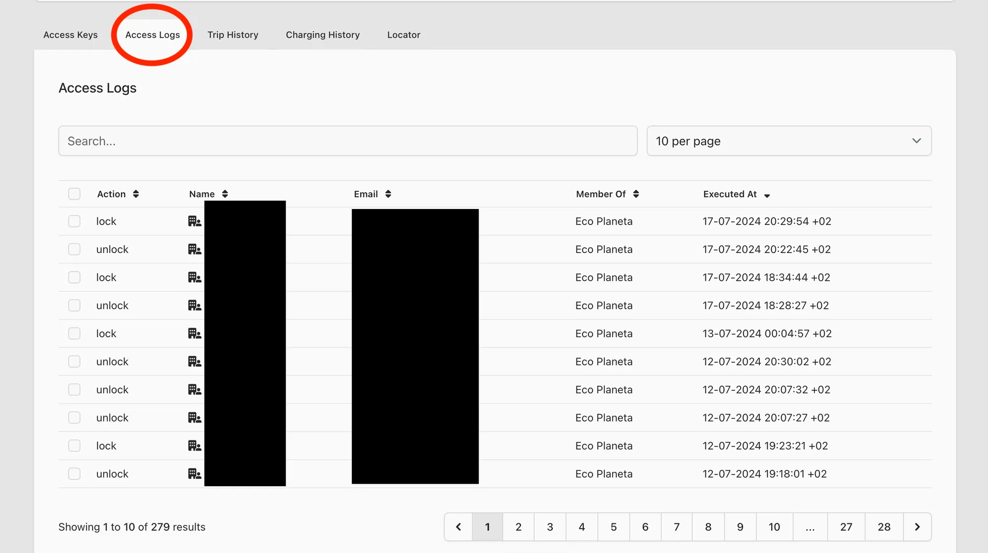 Web app: Access Logs tab of a vehicle, listing lock and unlock actions with name, email and time