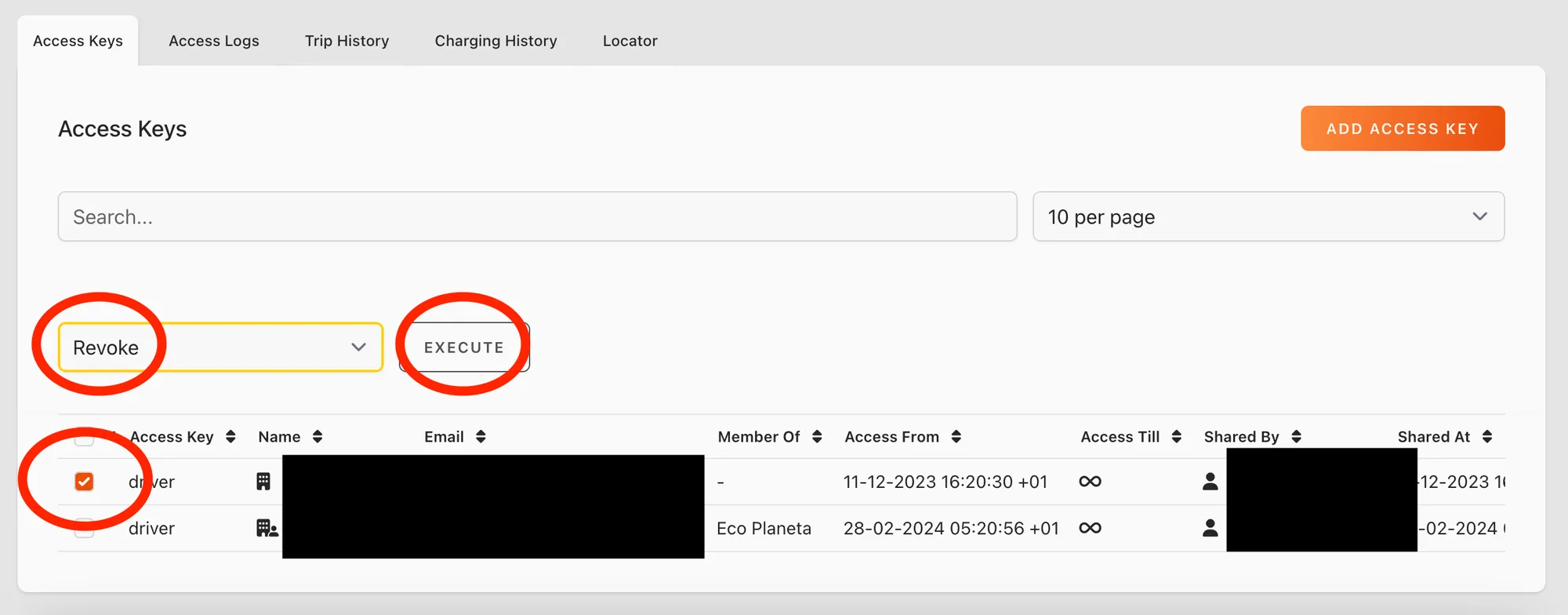 Web app: Access Keys tab with a key selected, Revoke chosen in the action menu and the Execute button circled