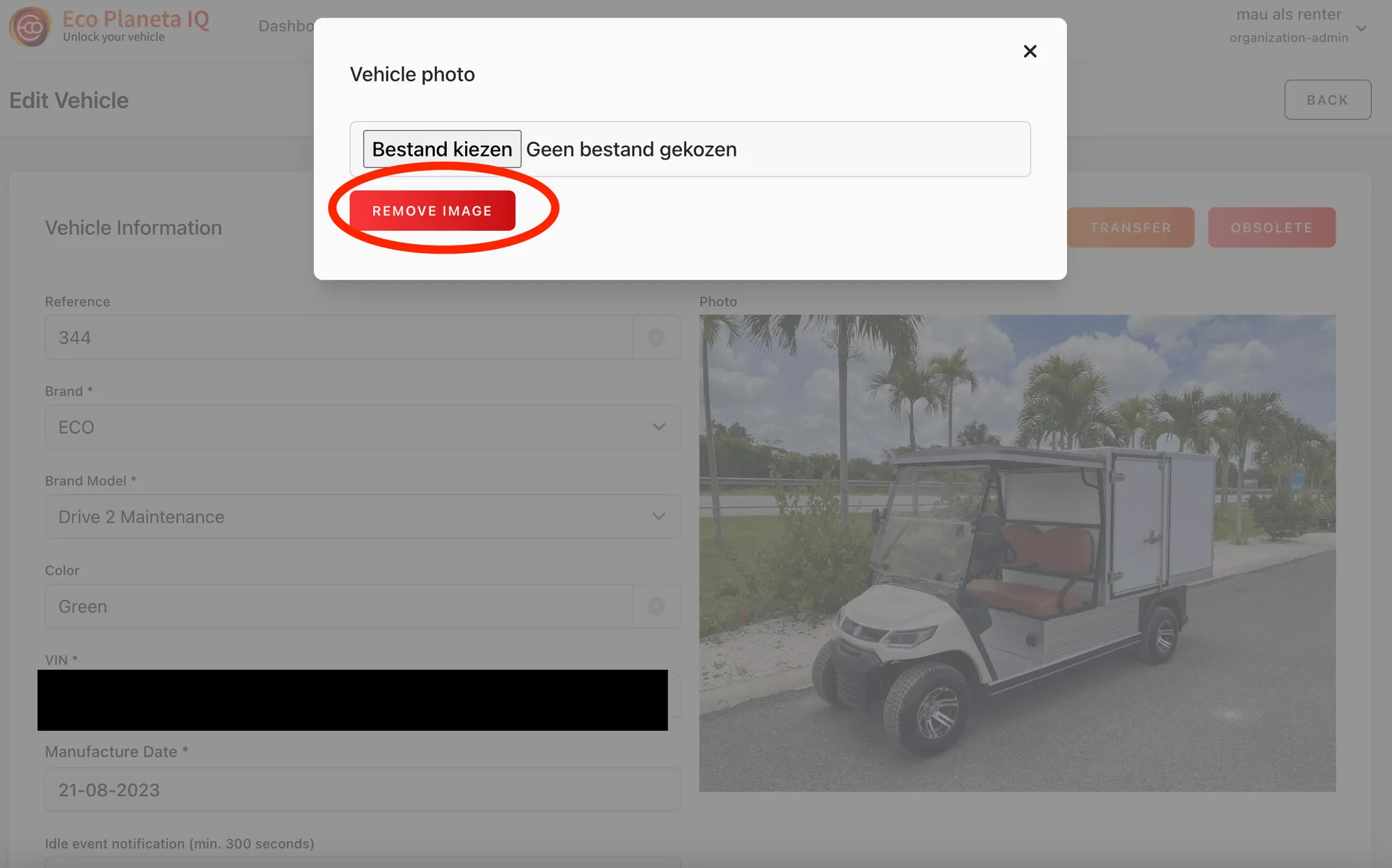 Aplicación web: ventana Vehicle photo con el botón Remove Image marcado