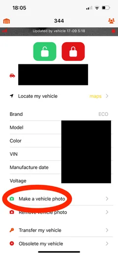 Aplicación móvil: página del vehículo con Make a vehicle photo marcado
