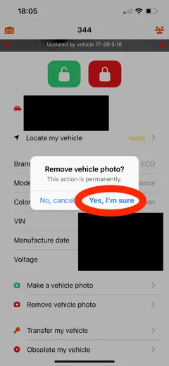 Aplicación móvil: confirmación Remove vehicle photo? con Yes, I'm sure marcado