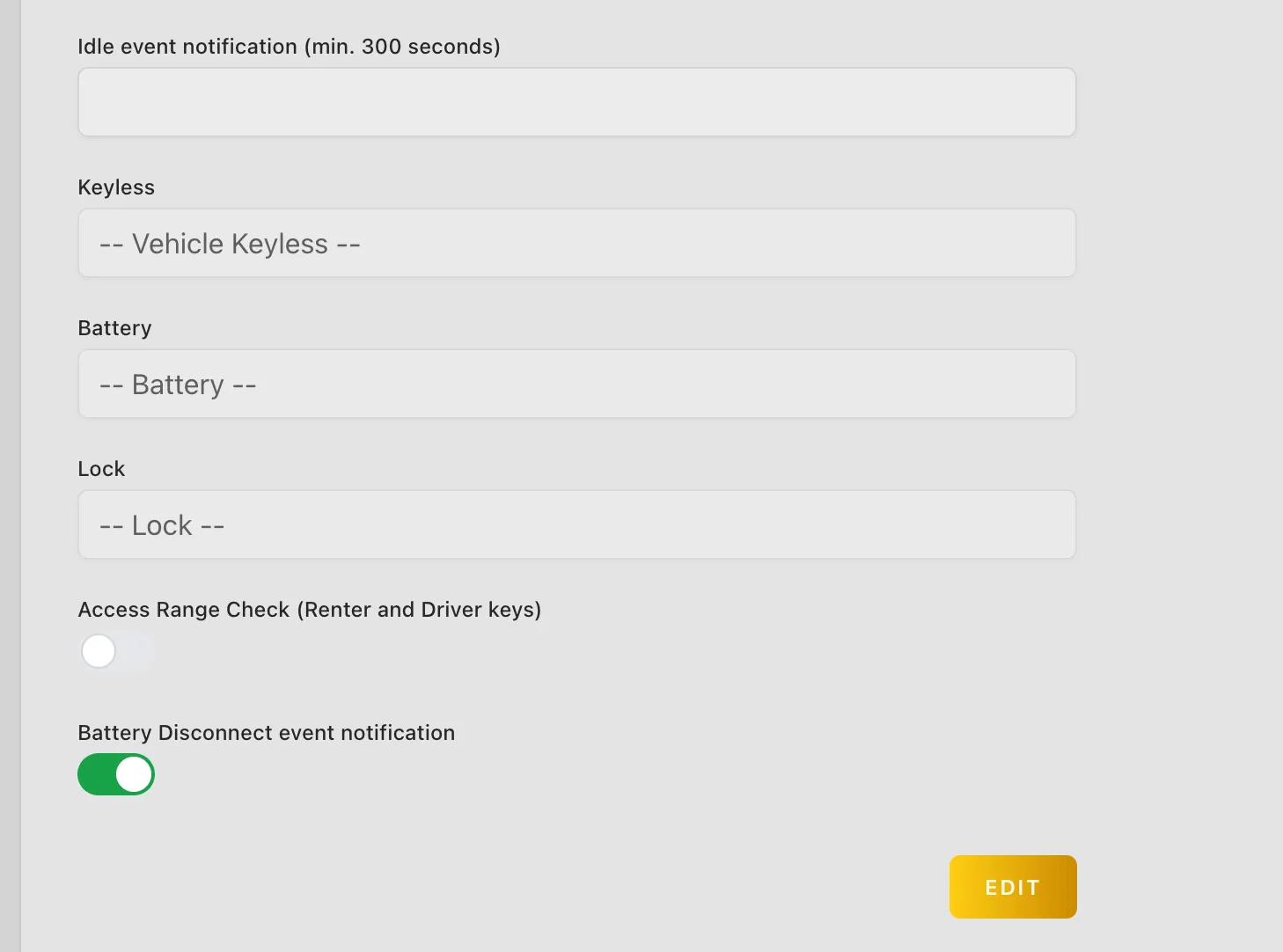 Web app: vehicle settings with the Battery Disconnect event notification switch on and the Edit button