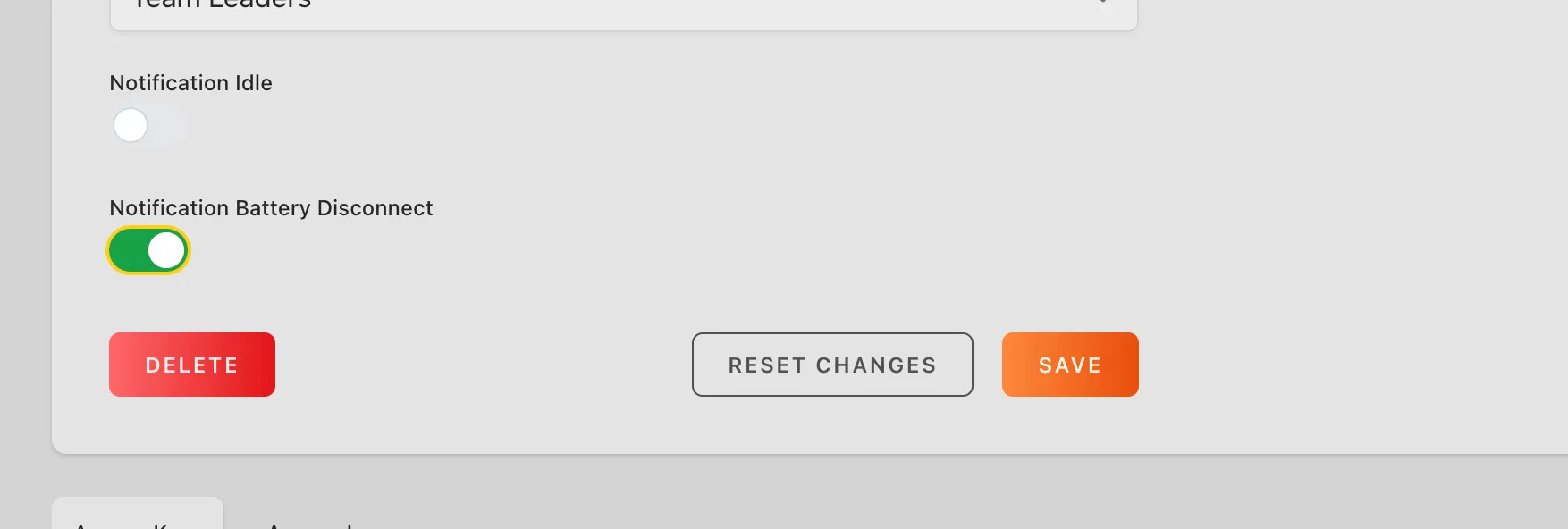 Web app: notification settings of a user with Notification Battery Disconnect switched on