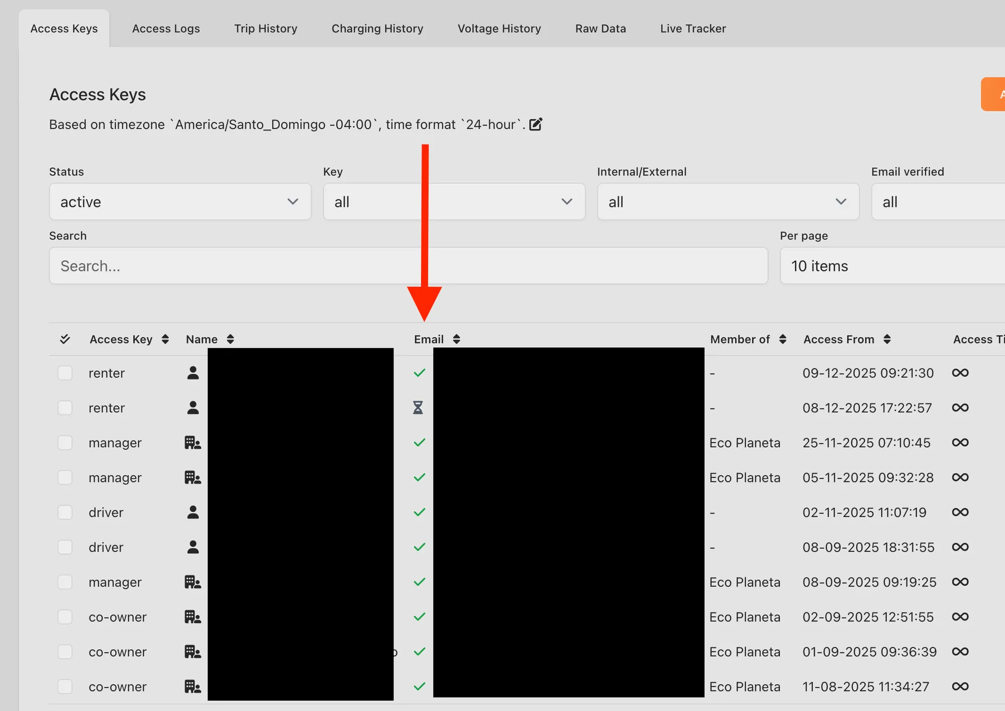 Aplicación web: pestaña Access Keys de un vehículo con las marcas verdes de la columna Email marcadas