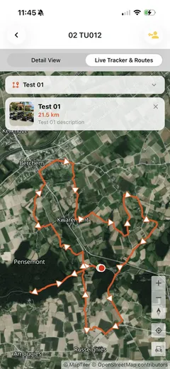 Mobile app: Live Tracker & Routes tab with a route drawn on the map and the route selector