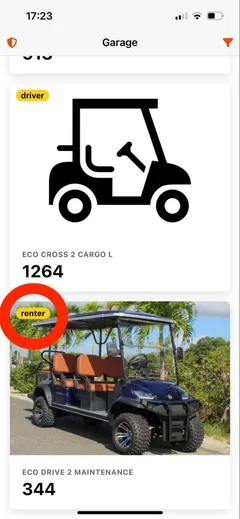 Mobile app: garage with the key type label (renter) on a vehicle circled