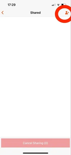 Mobile app: Shared screen with no keys yet and the add-person button in the top right corner circled