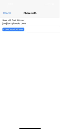 Mobile app: Share with screen with the email address filled in and the Check email address button