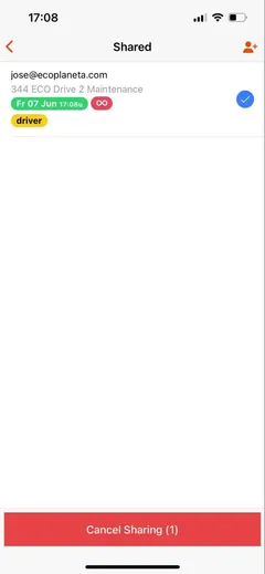 Mobile app: Shared screen with a key selected and the red Cancel Sharing (1) button
