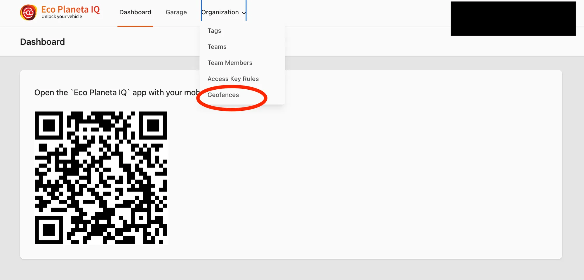 Web app: Organization menu open with Geofences circled