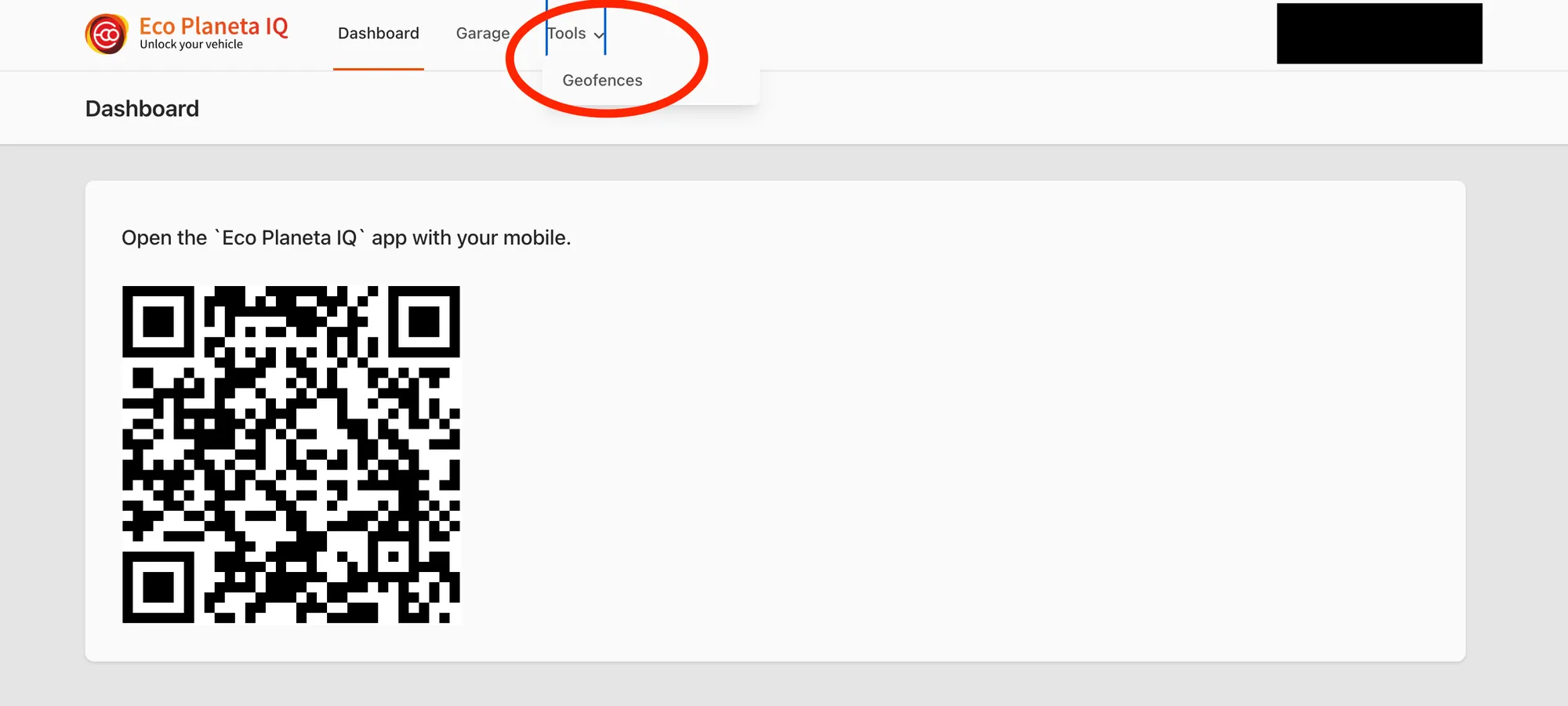 Web app: Tools menu open with Geofences circled
