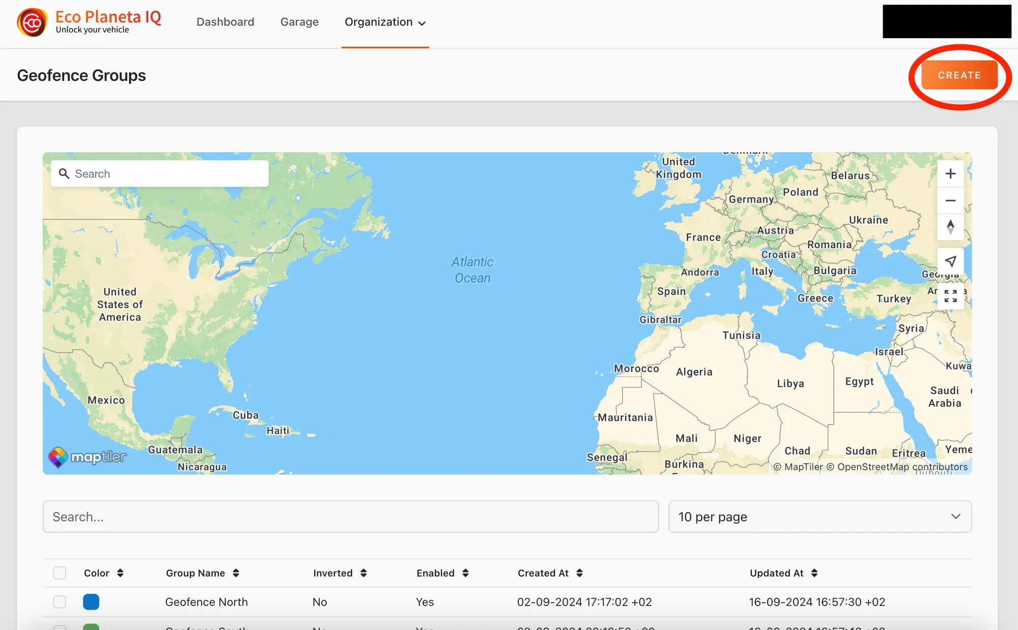 Web app: Geofence Groups page with a map and the Create button circled