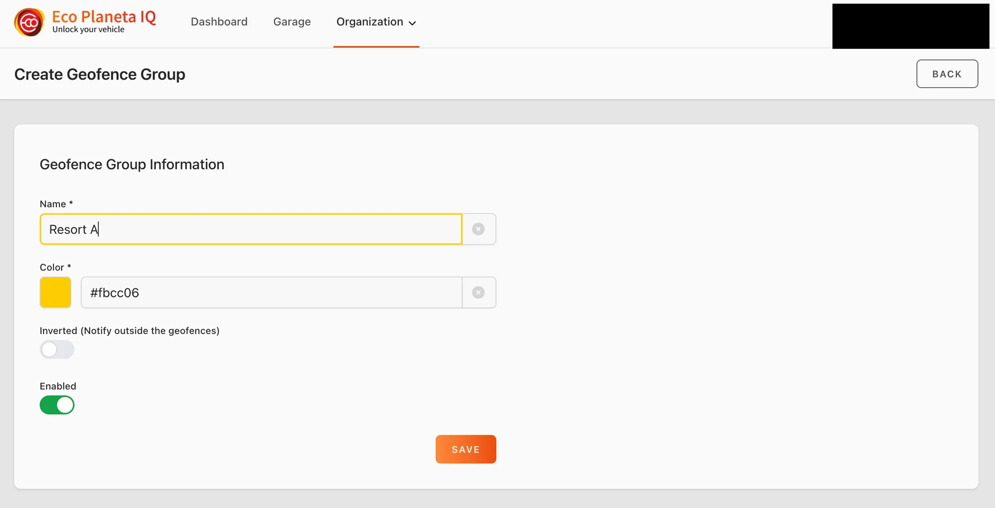 Web app: Create Geofence Group form with name, color, Inverted and Enabled