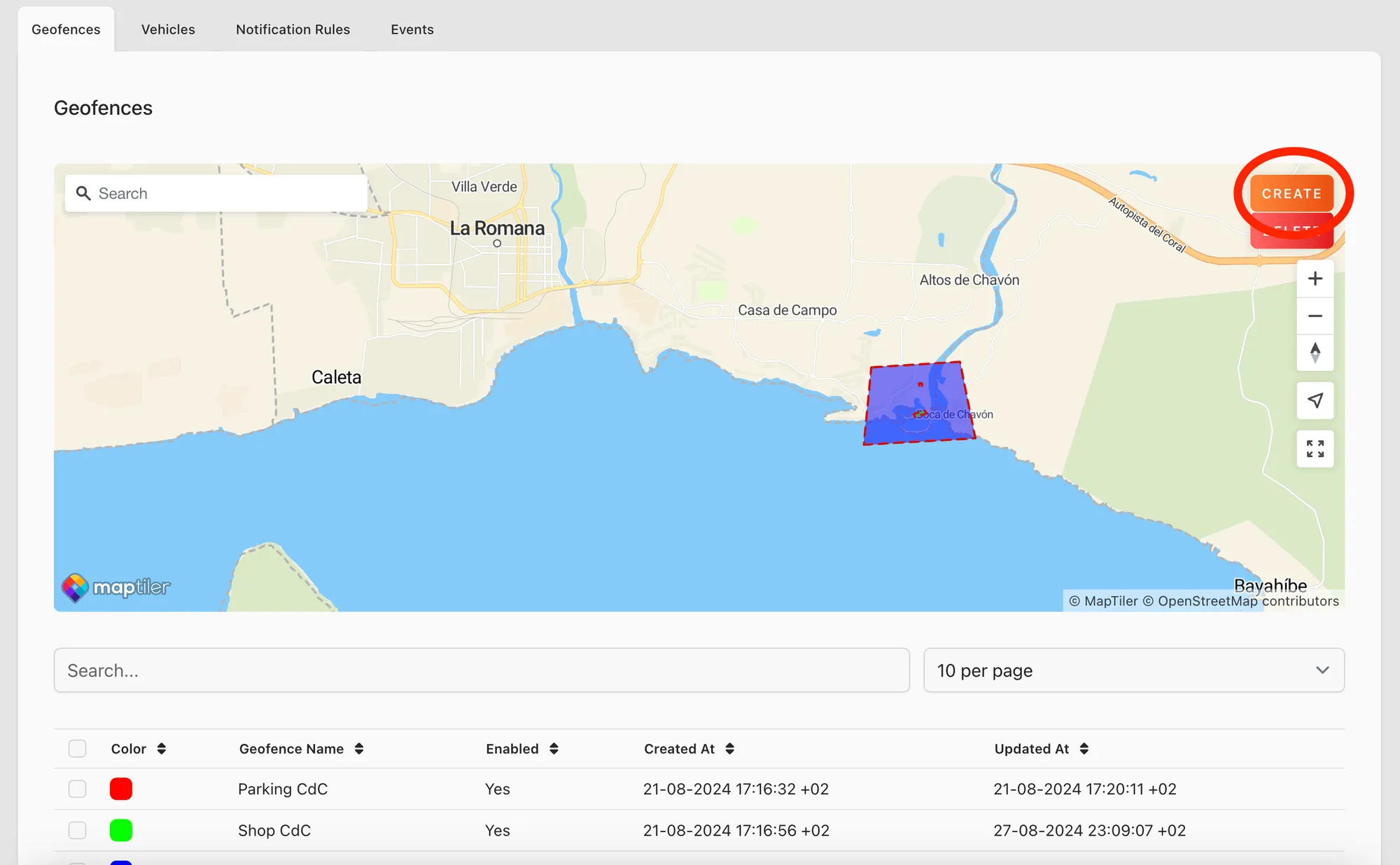 Web app: Geofences tab of a geofence group with a geofence drawn on the map and the Create button circled