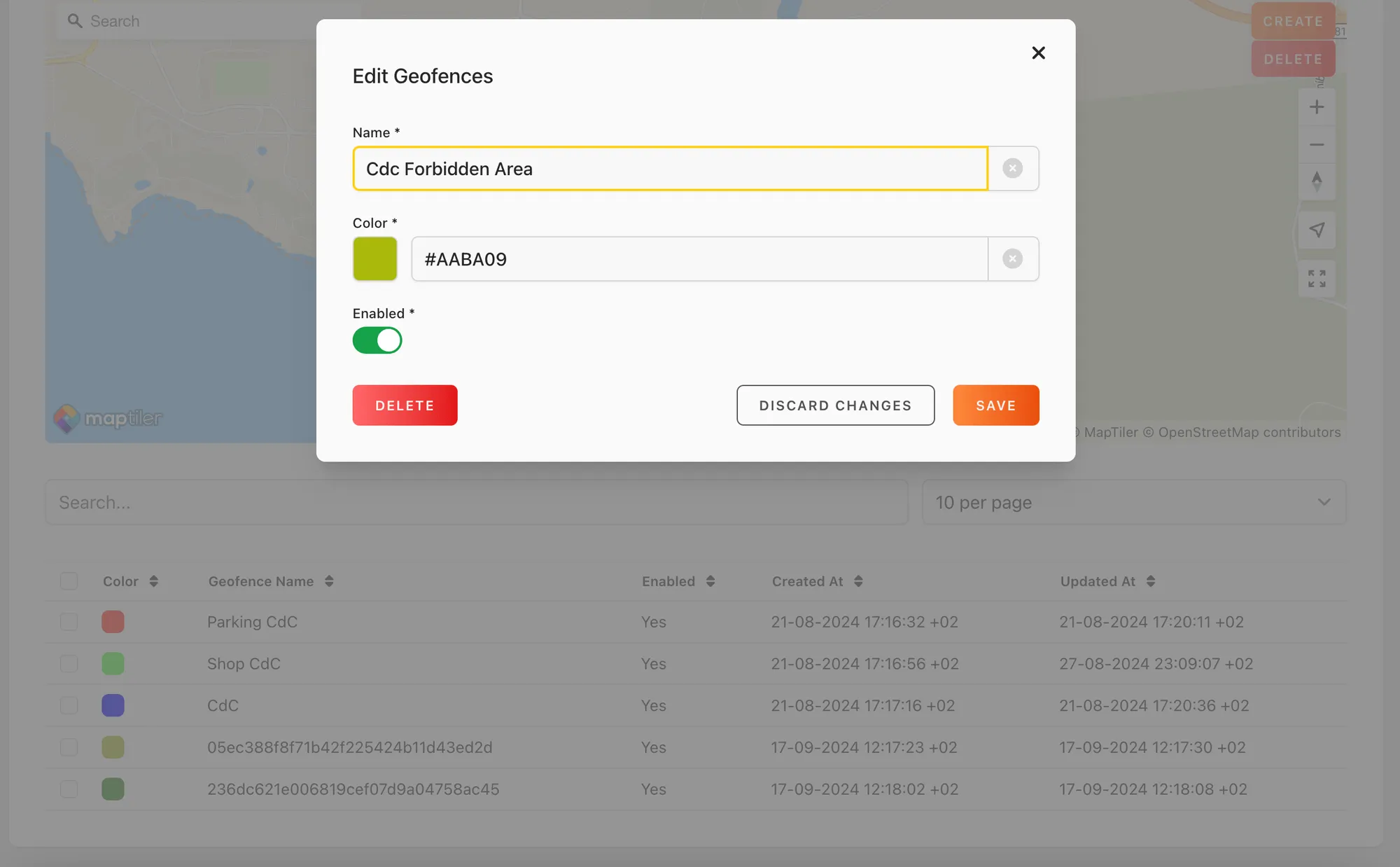 Web app: Edit Geofences dialog with name, color, Enabled and the Delete button