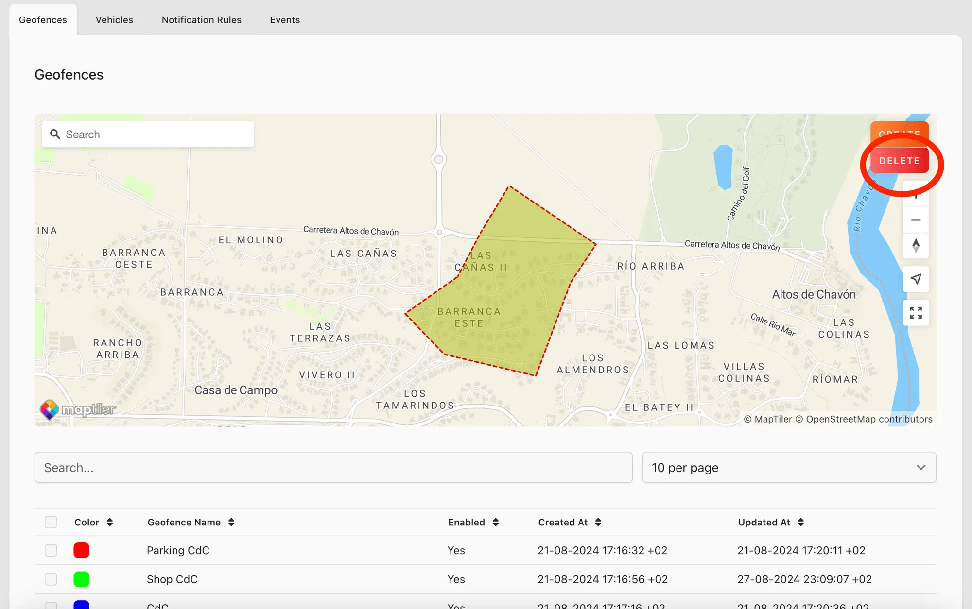 Web app: a geofence selected on the map for editing, with the Delete button circled