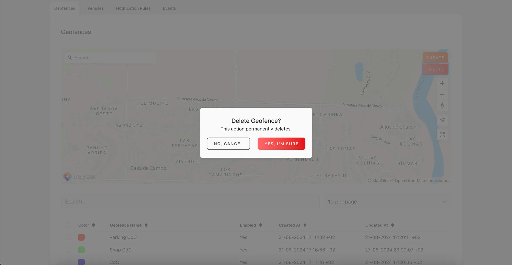 Web app: Delete Geofence? confirmation with the buttons No, cancel and Yes, I'm sure