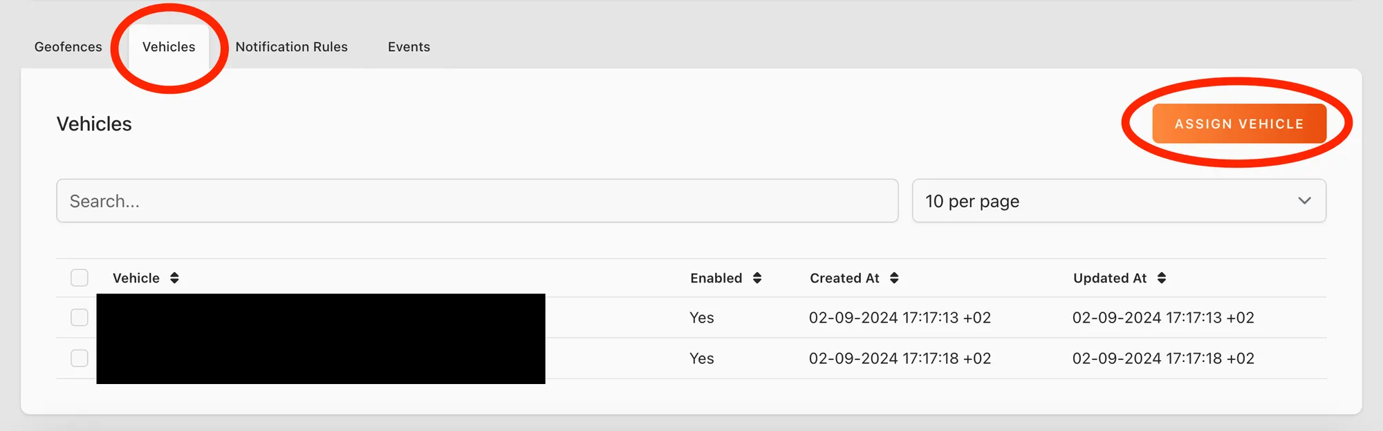 Web app: Vehicles tab of a geofence group with the Assign Vehicle button circled