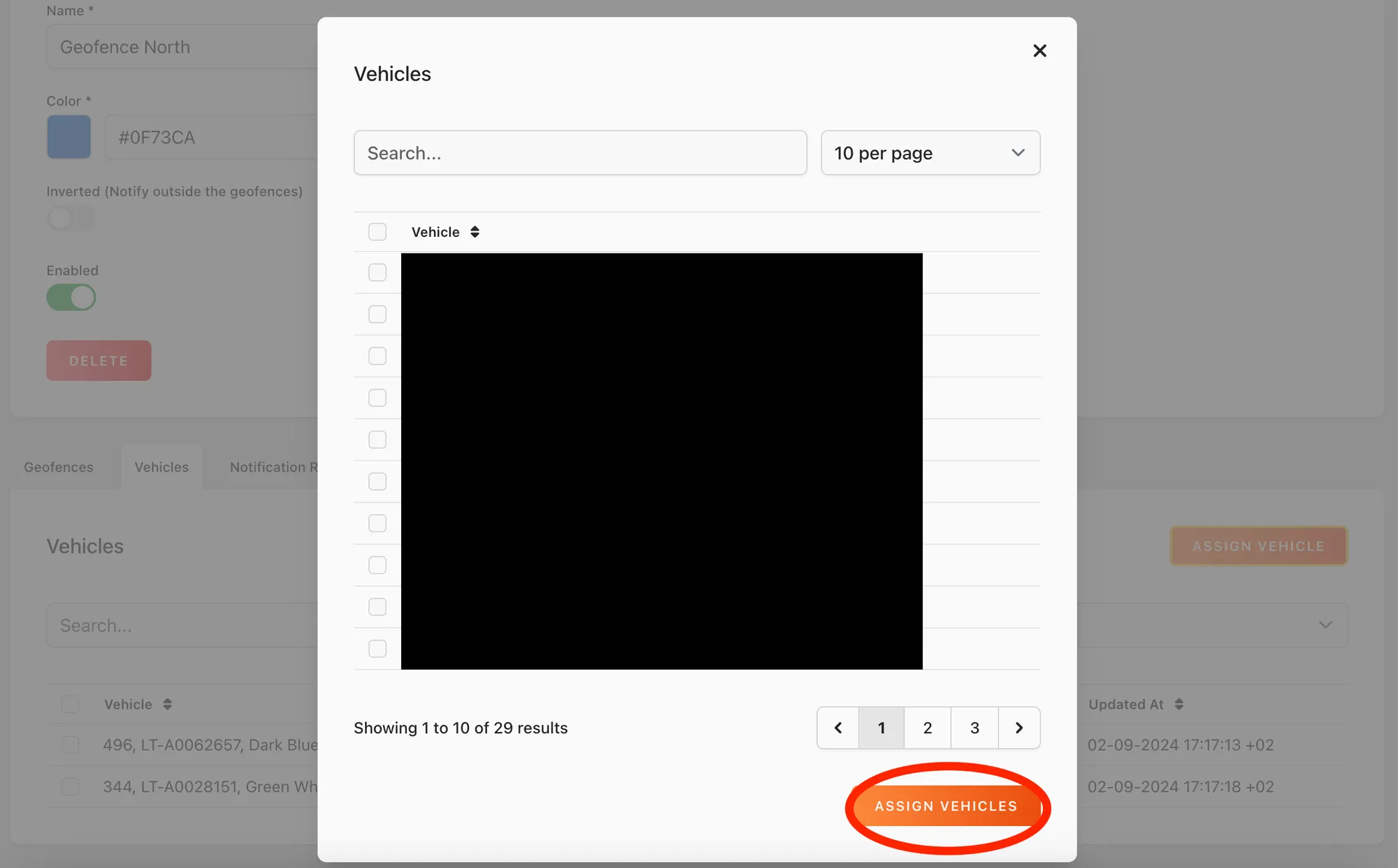Web app: Vehicles dialog for choosing vehicles, with the Assign Vehicles button circled