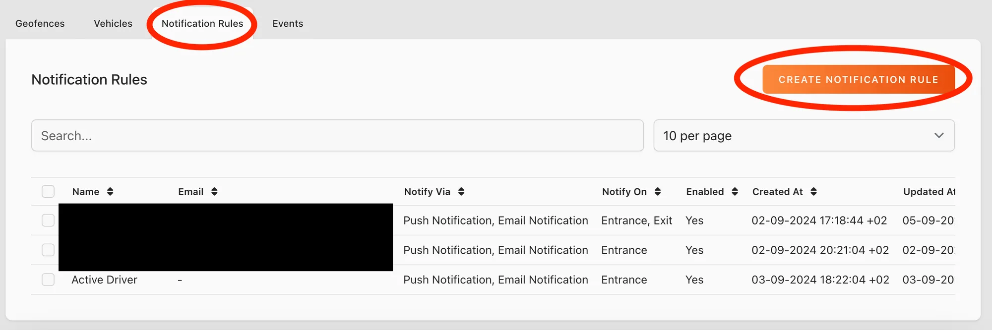 Web app: Notification Rules tab with the Create Notification Rule button circled
