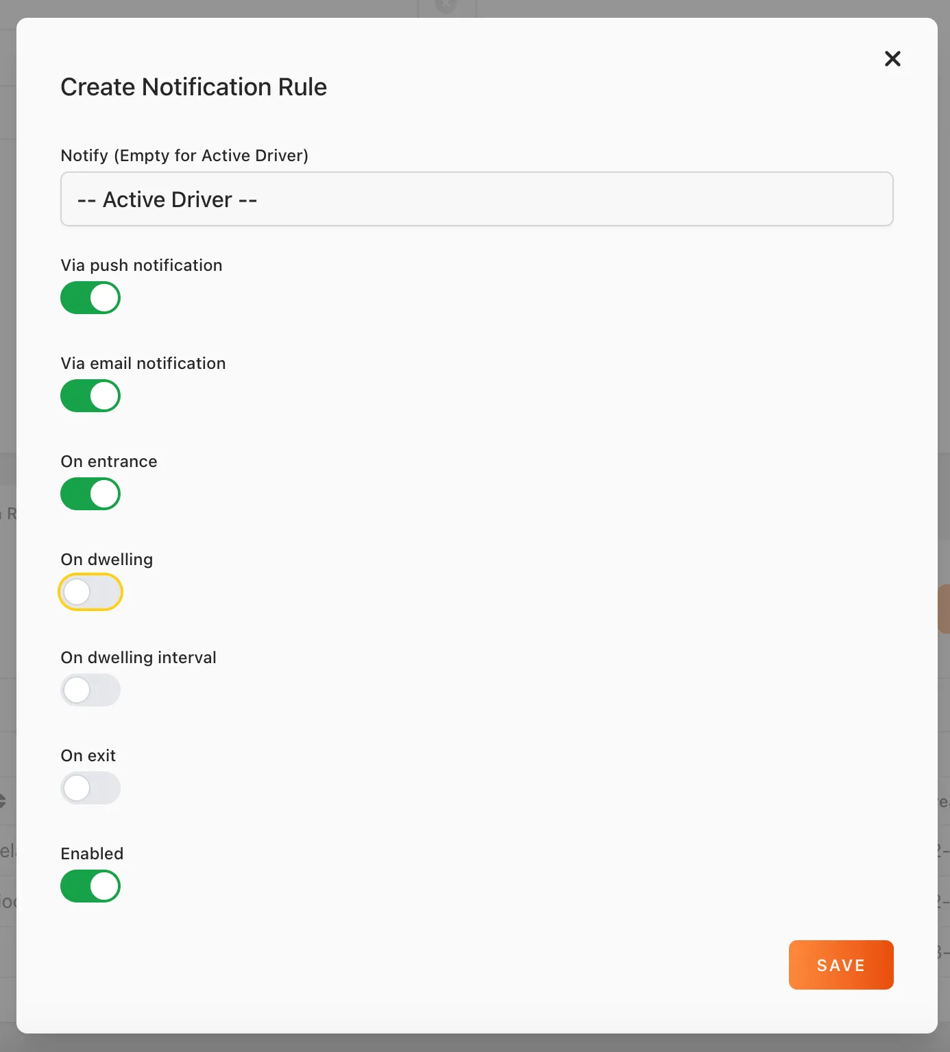 Web app: Create Notification Rule form with the person to notify, push and email switches and the entrance, dwelling, exit and enabled switches