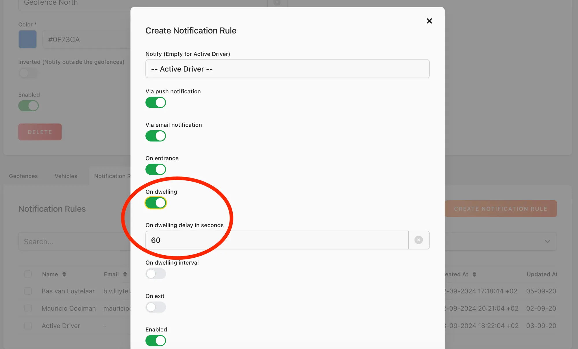 Web app: Create Notification Rule with On dwelling switched on and its delay in seconds, circled
