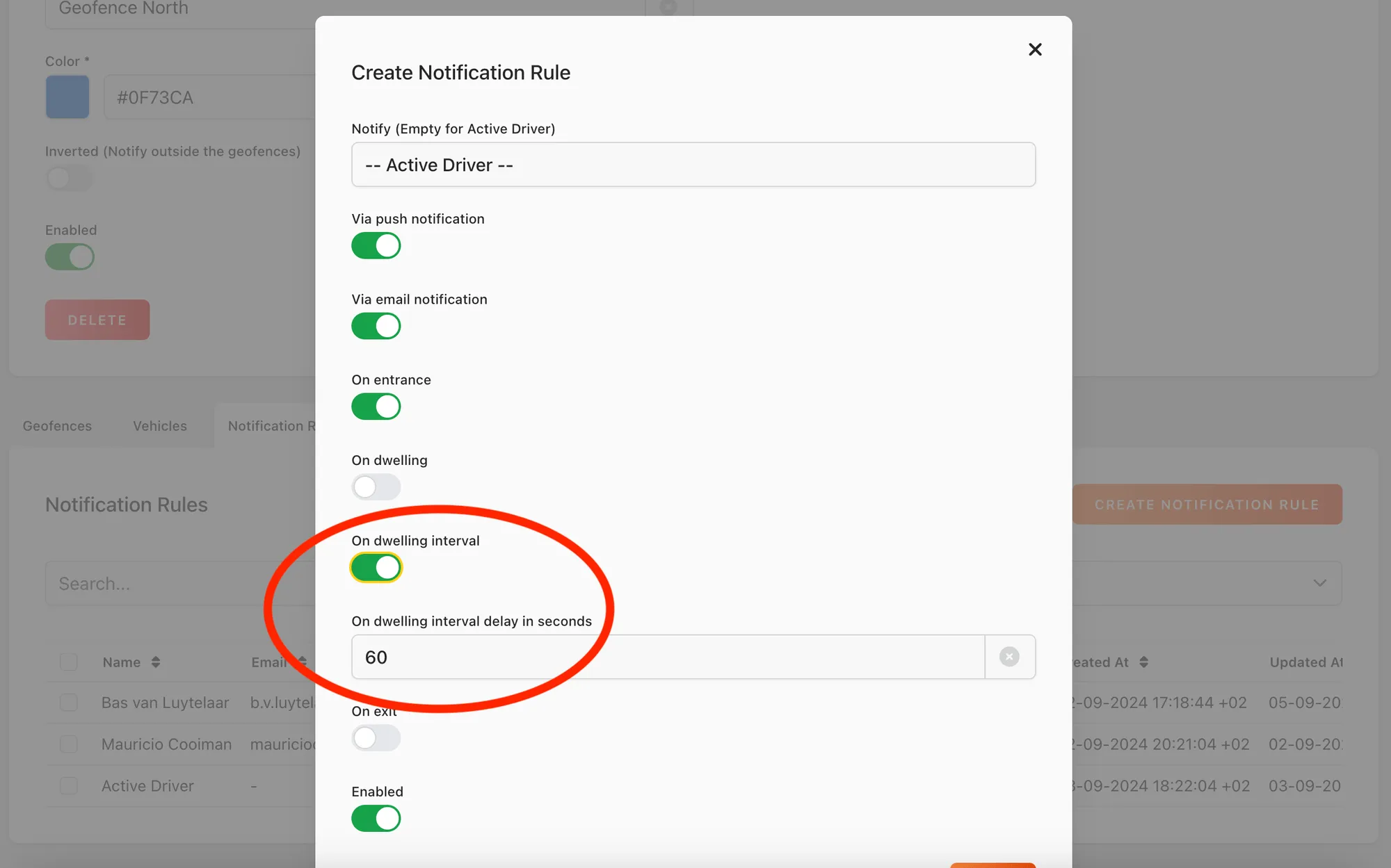 Web app: Create Notification Rule with On dwelling interval switched on and its interval in seconds, circled