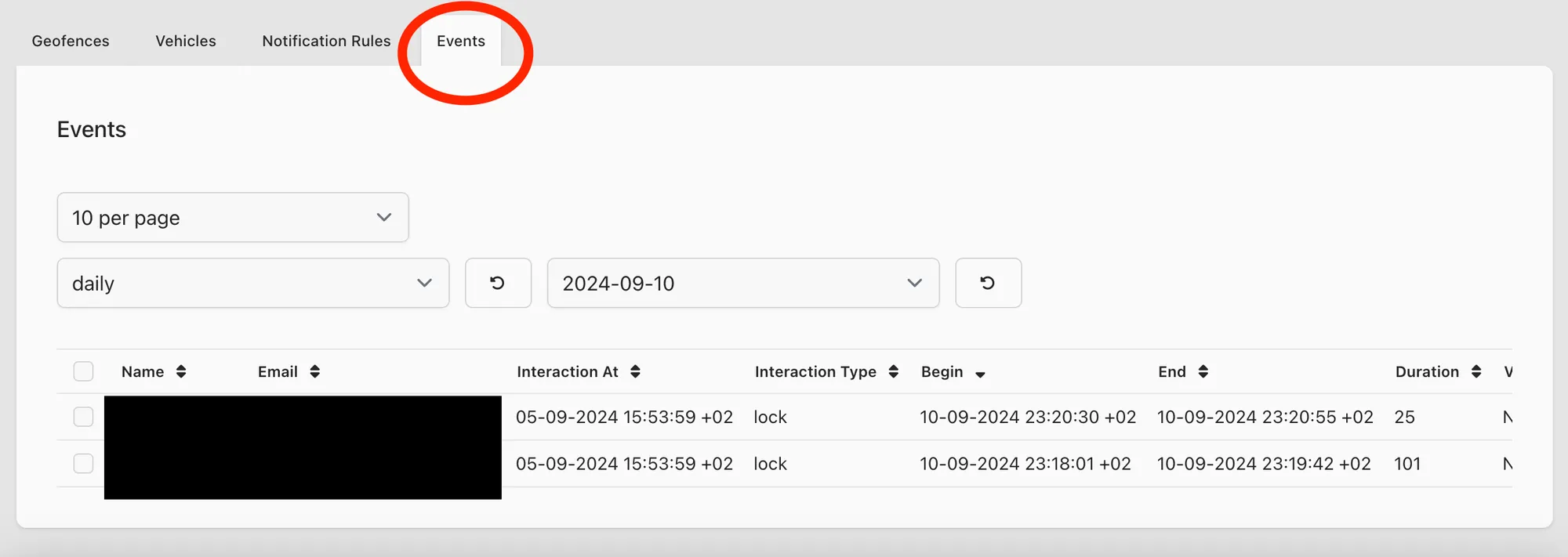 Web app: Events tab of a geofence group listing geofence events by day