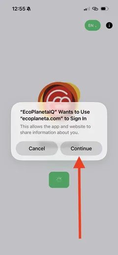 Aviso del iPhone que pide usar ecoplaneta.com para iniciar sesión, con el botón Continue marcado