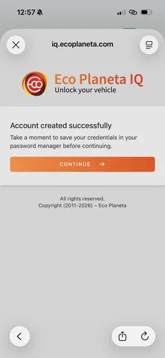 Pantalla de cuenta creada con éxito, con el botón Continue