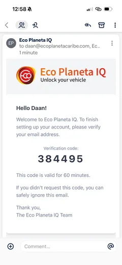 Correo de verificación de Eco Planeta IQ con un código de 6 dígitos