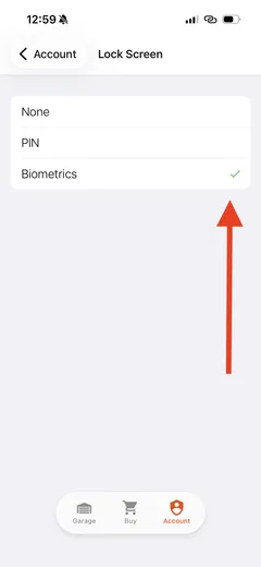 Aplicación móvil: opciones de Lock Screen None, PIN y Biometrics, con Biometrics seleccionado