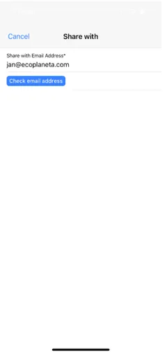 Mobile app: Share with screen with the email address filled in and the Check email address button