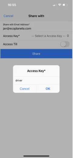 Mobile app: Share with screen with the Access Key picker open and driver selected