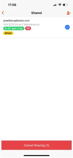 Mobile app: Shared screen with a key selected and the red Cancel Sharing (1) button