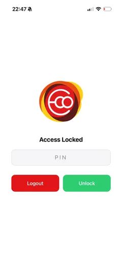 Mobile app: Access Locked screen with the PIN field and the Logout and Unlock buttons