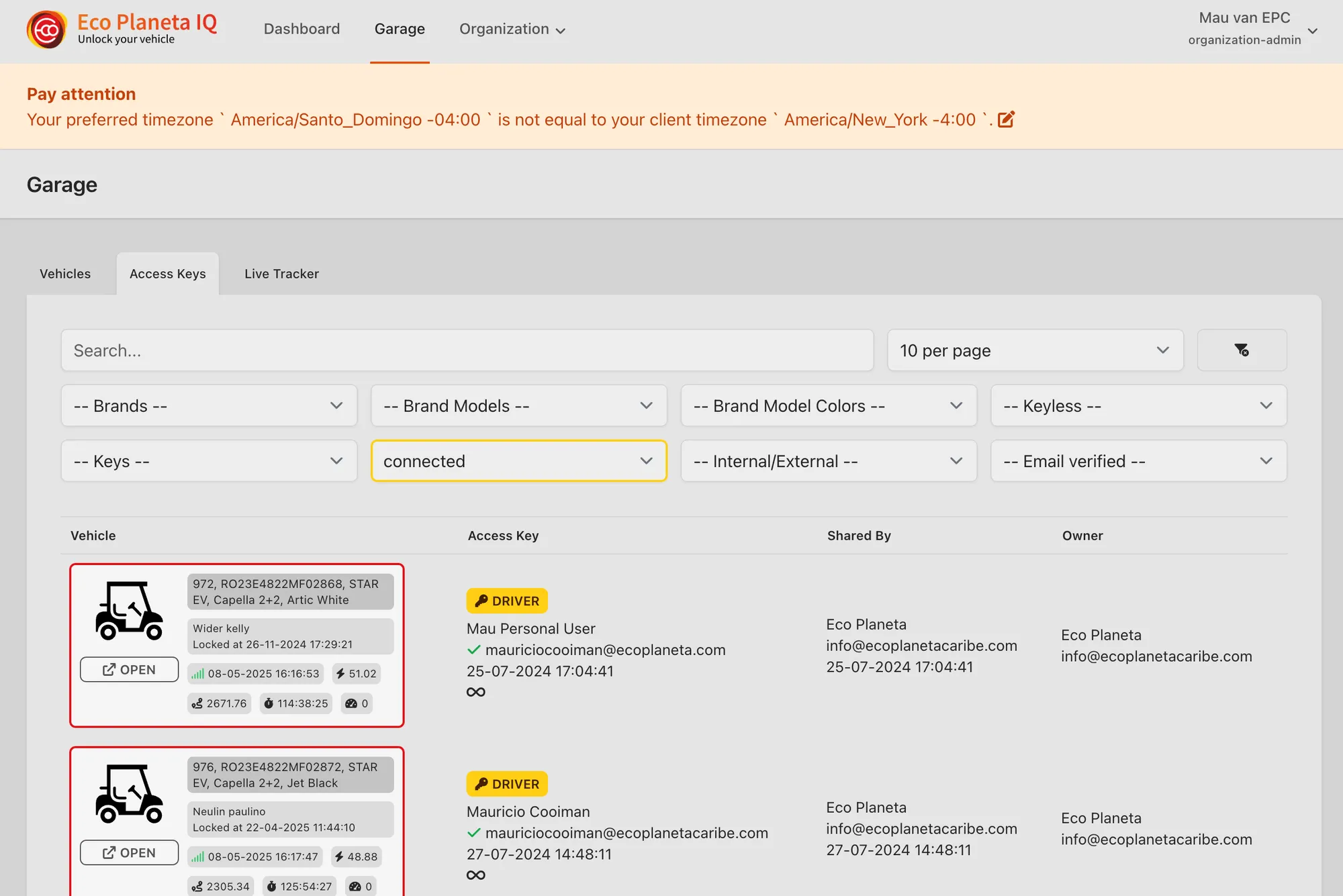 Aplicación web: pestaña Access Keys del garaje, con cada vehículo y sus llaves activas
