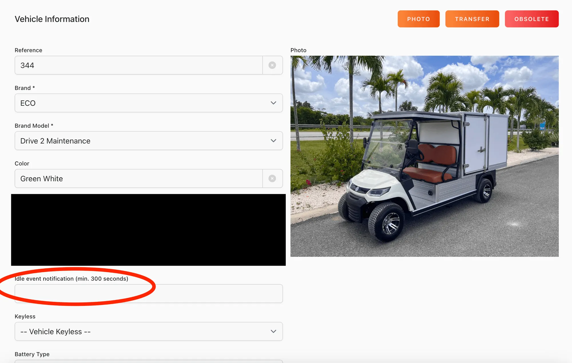 Web app: Vehicle Information page with the idle event notification field circled