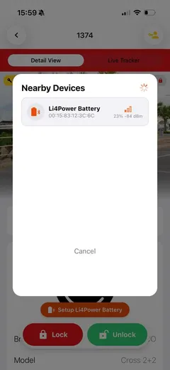 Aplicación móvil: lista Nearby Devices con una batería Li4Power encontrada por Bluetooth