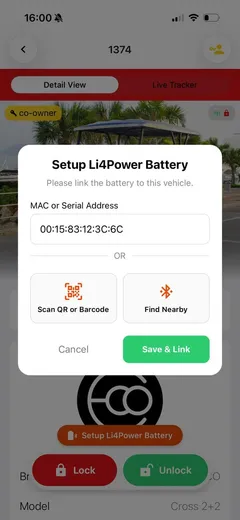 Aplicación móvil: ventana Setup Li4Power Battery con la dirección de la batería escrita y el botón Save & Link