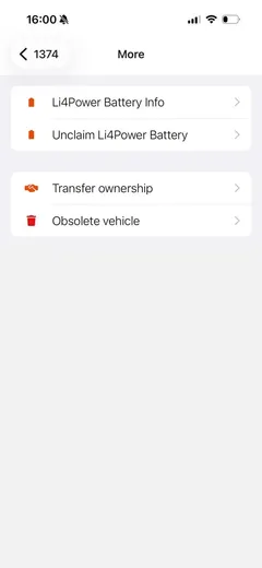 Aplicación móvil: página More con Li4Power Battery Info y Unclaim Li4Power Battery