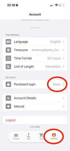 Mobile app: Account screen with Persistent login set to None and the Account tab circled