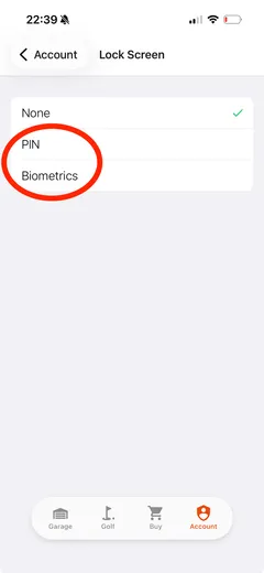 Mobile app: Lock Screen options with PIN and Biometrics circled