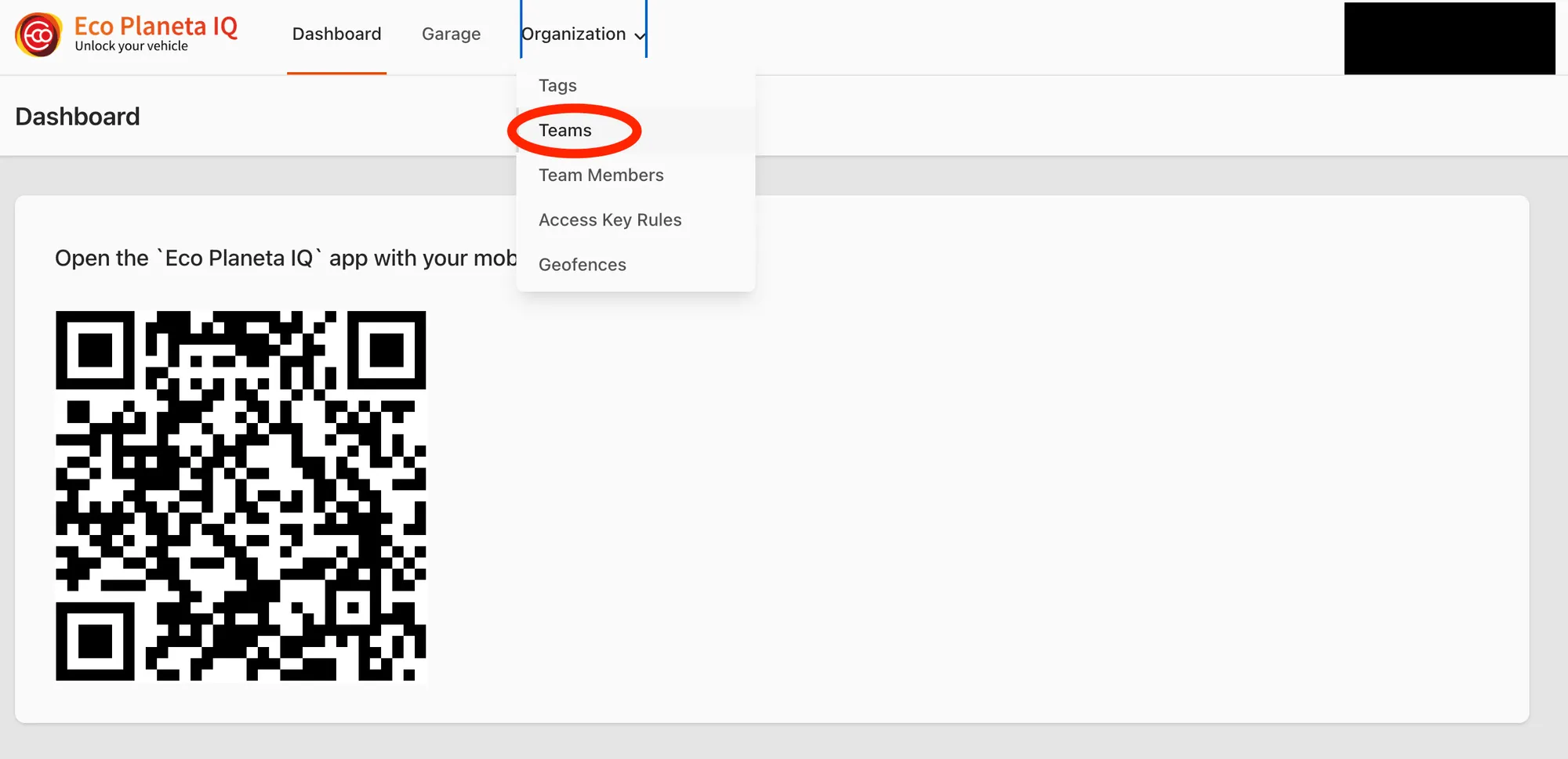 Web app: Organization menu open with Teams circled