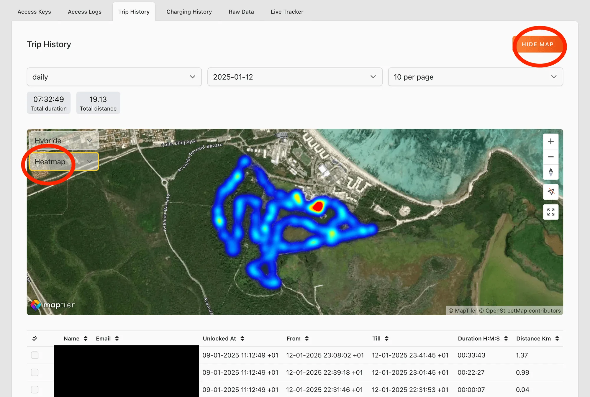 Aplicación web: mapa de calor del historial de viajes con la opción Heatmap y el botón Hide Map marcados