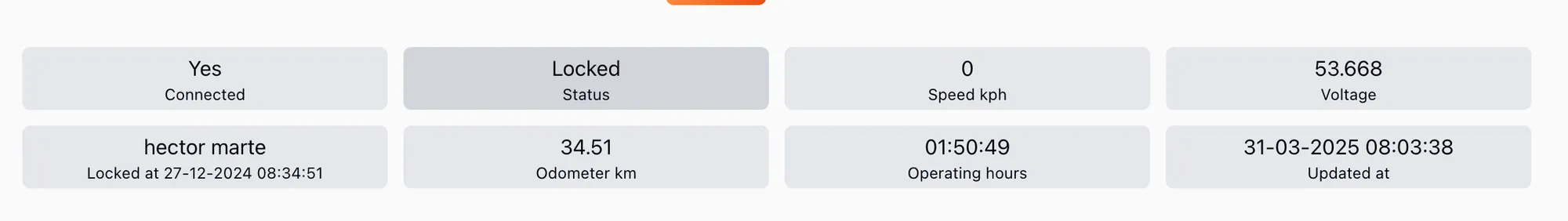 Web app: vehicle widgets showing connection, lock status, speed, voltage, last driver, odometer and operating hours