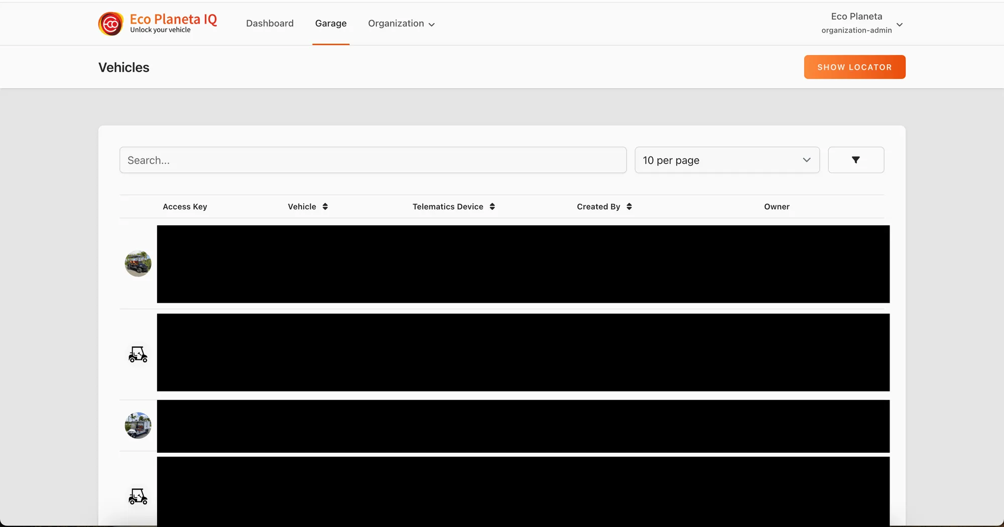 Web app: Garage page listing the vehicles you hold a key for