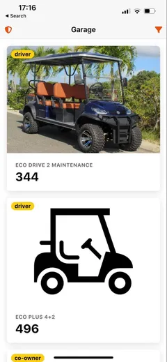 Mobile app: garage with several vehicles, each marked with its key type